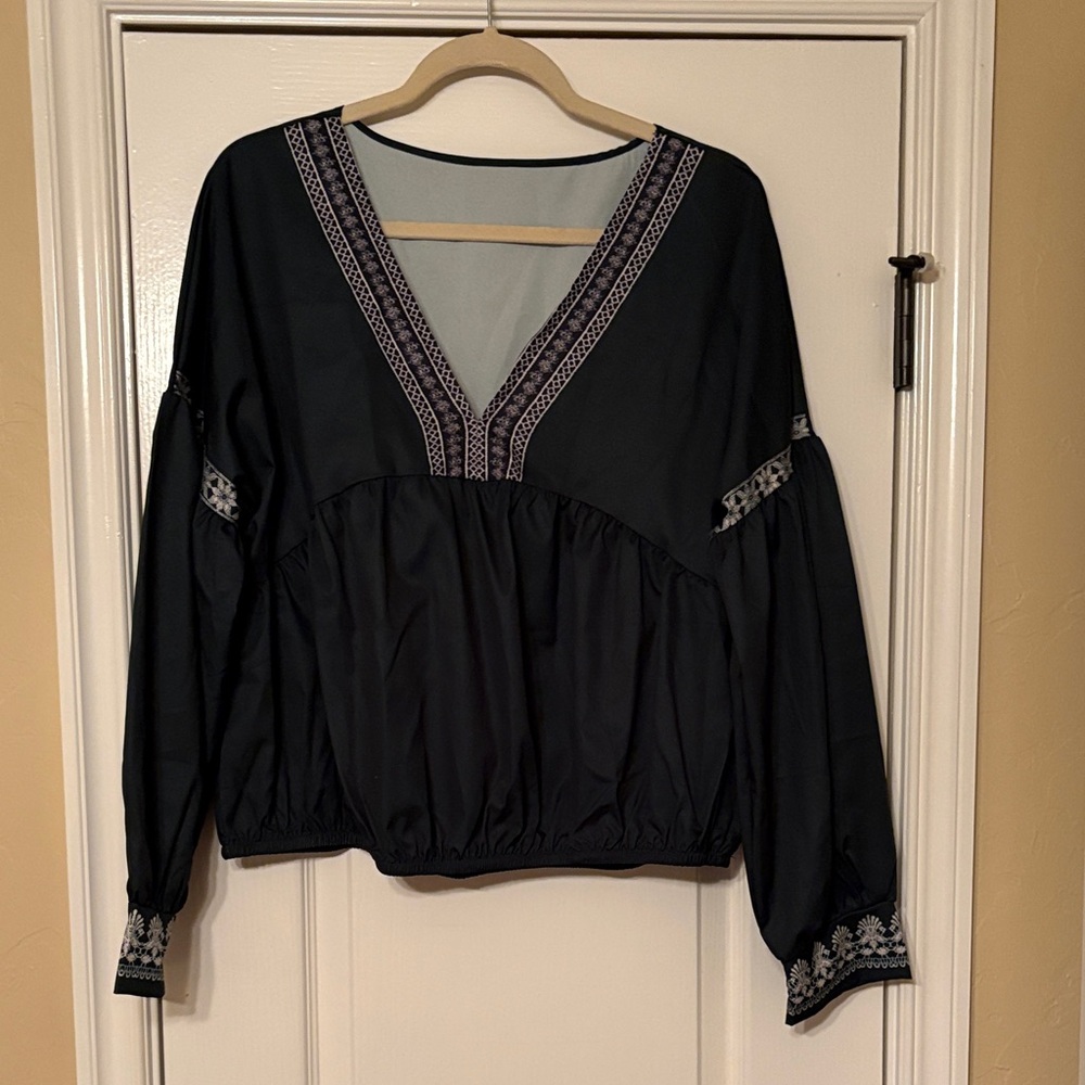 Black Embroidered V-Neck Peasant Blouse - Women